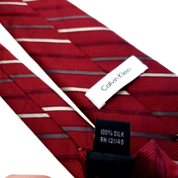 Calvin Klein‎ Red Silk Tie Woven Striped - Picture 5 of 6